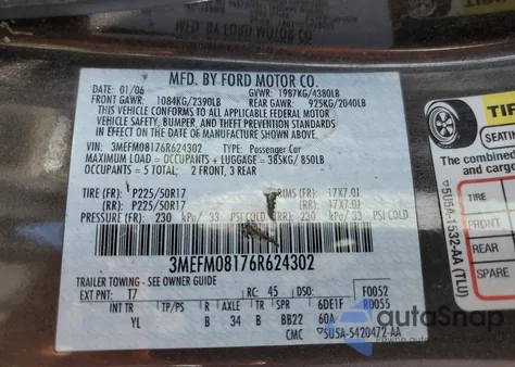 2006 Mercury Milan Premier z USA, uszkodzony, nr VIN 3MEFM08176R624302